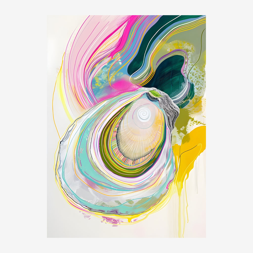Composition abstraite verticale composée de formes spiralées concentriques aux couleurs vives : rose, jaune, bleu pétrole et.