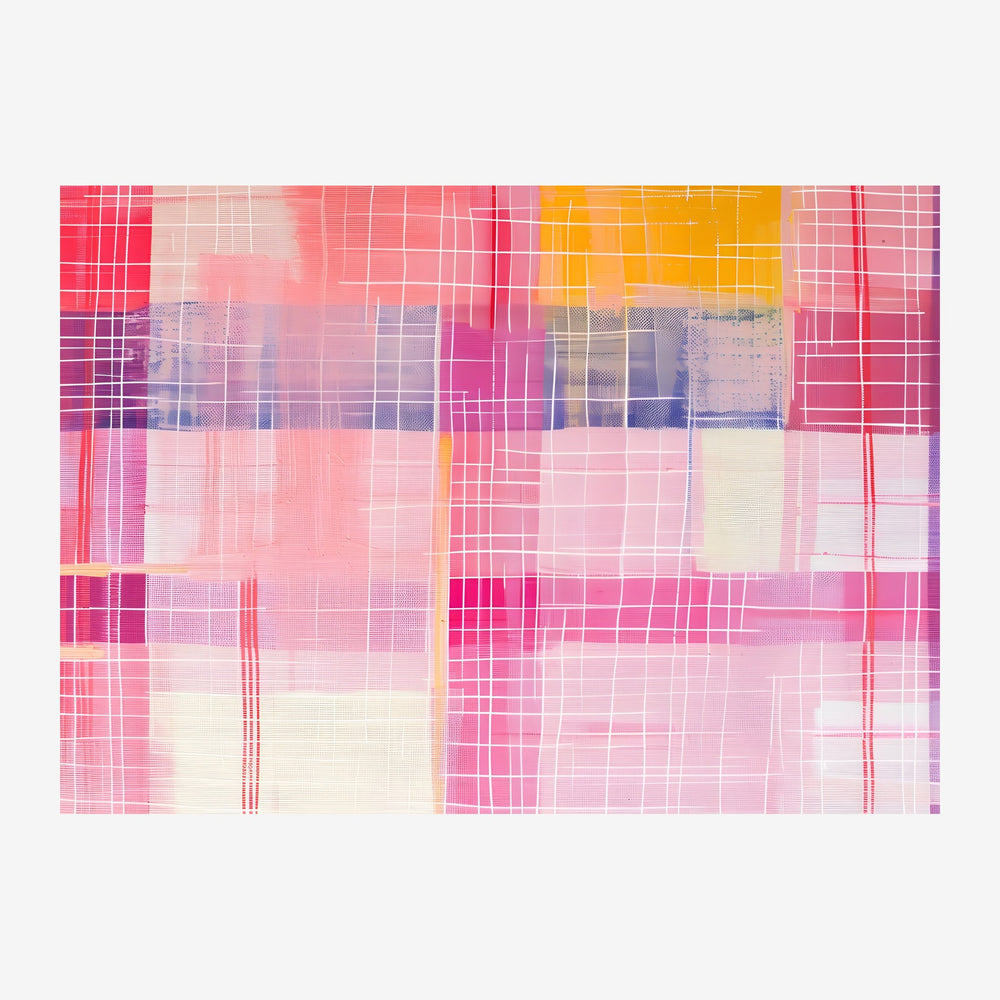 Composition abstraite géométrique présentant une grille de lignes blanches sur fond de teintes roses, ors, violets et bleus.