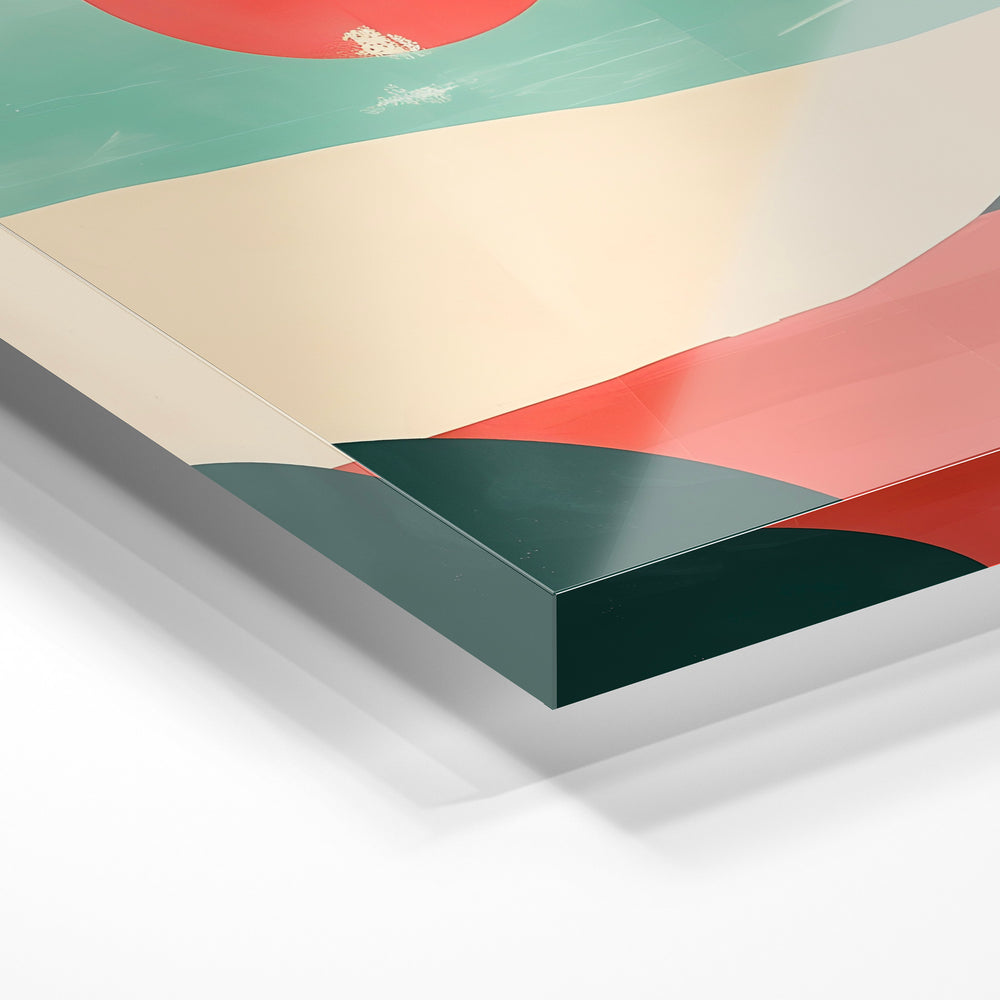 Gros plan de la matière : le tirage sous verre acrylique, tranche transparente visible.