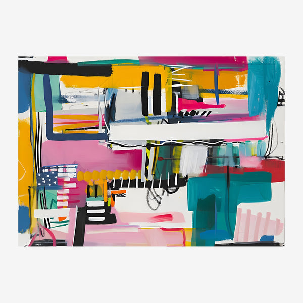Composition abstraite en collage mêlant des formes géométriques colorées — rose, bleu, jaune, turquoise — structurées par.