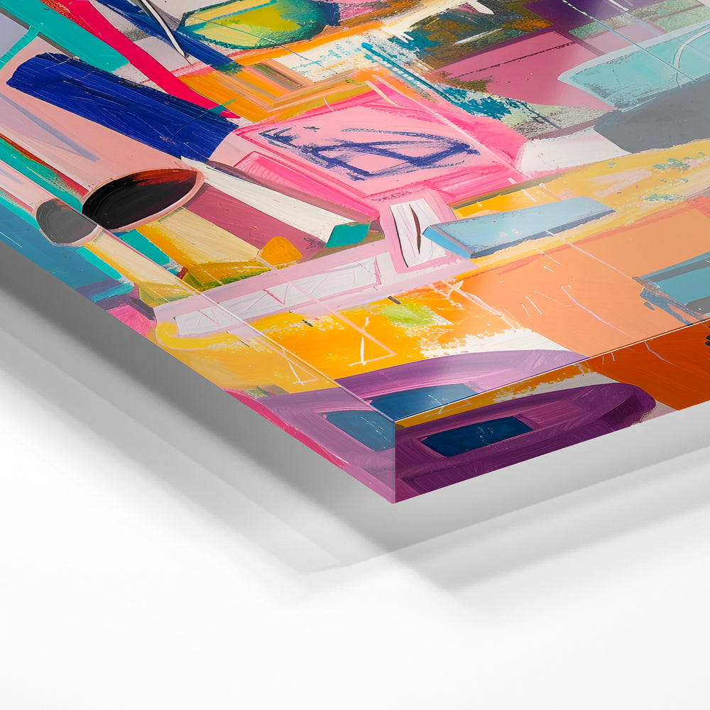 Gros plan de la matière : le tirage sous verre acrylique, tranche transparente visible.