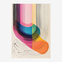 Composition abstraite avec formes courbes en dégradés de rose, bleu et orange, structurées par des lignes parallèles noires.
