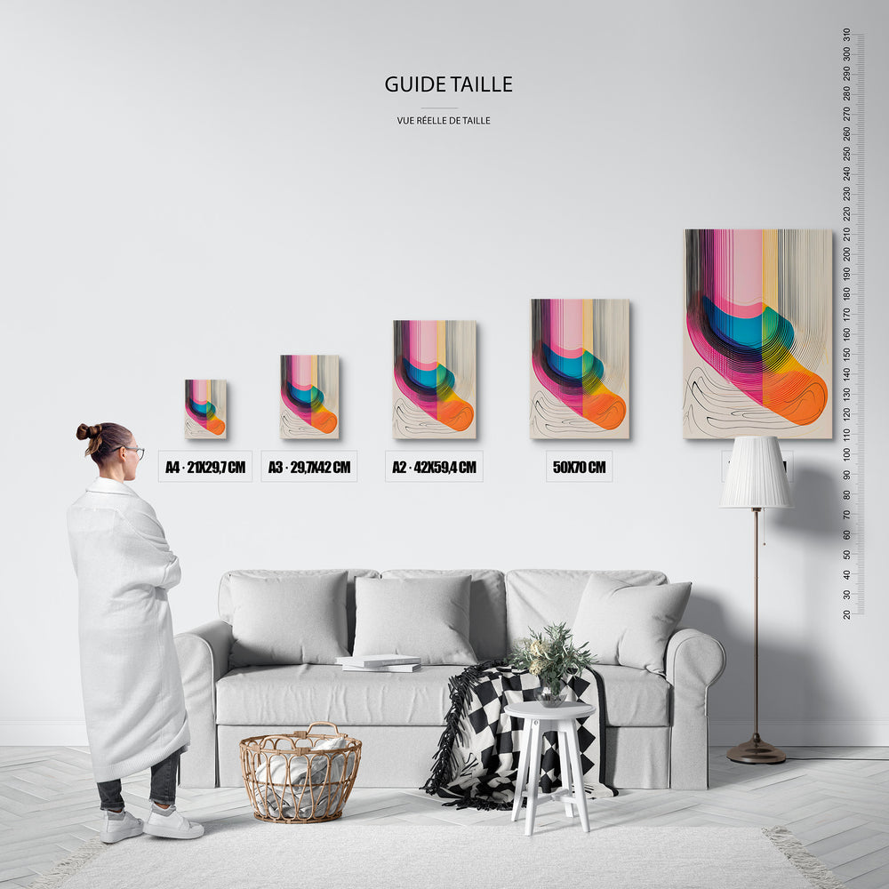 Guide des tailles : le tirage présenté dans ses 5 formats de vente, à l'échelle réelle sur un mur de salon, avec une règle en centimètres.