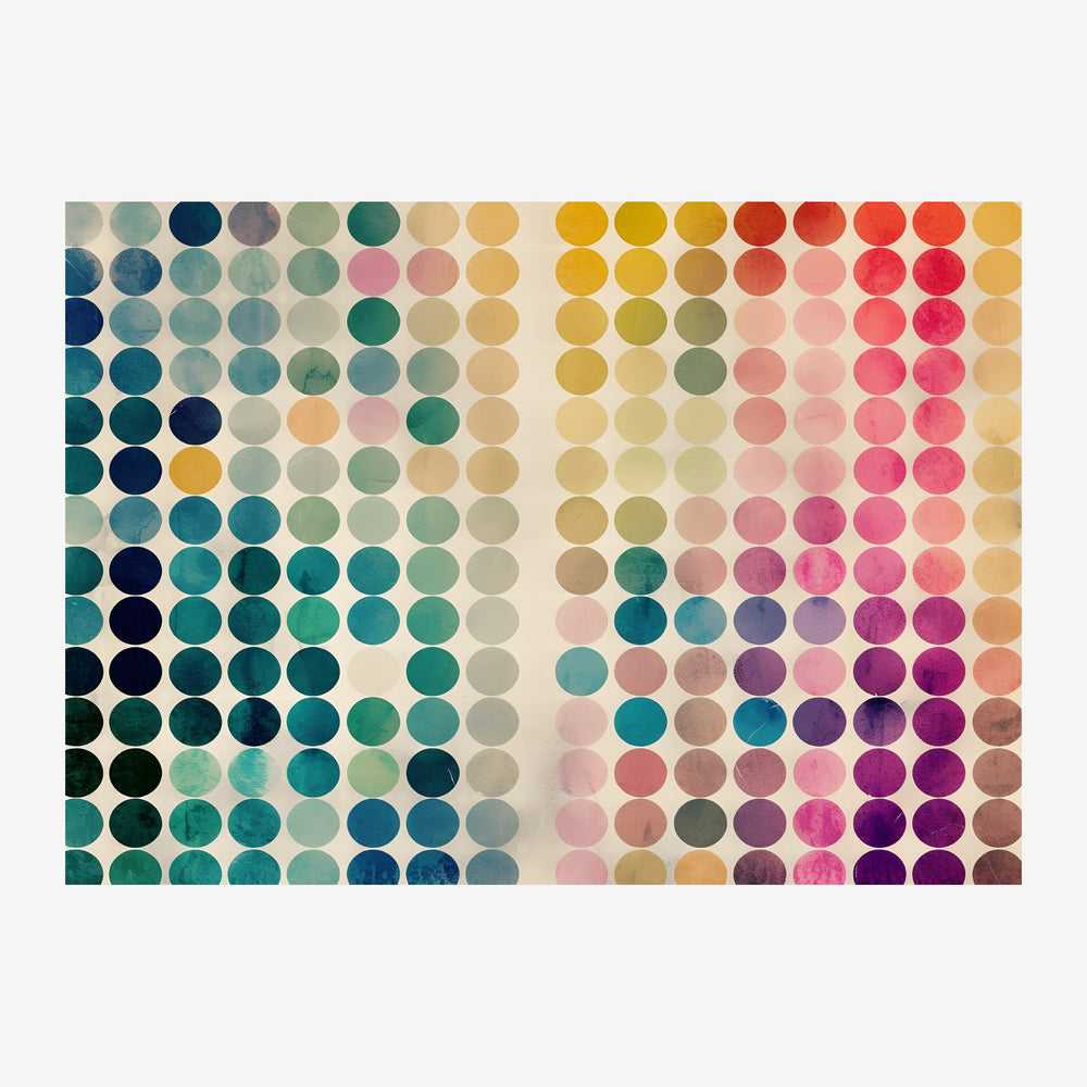 Grille de cercles peints en dégradés : bleus et verts foncés à gauche, transitant progressivement vers des roses, magenta et.