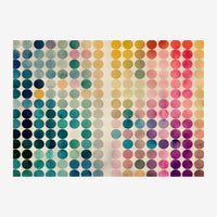 Grille de cercles peints en dégradés : bleus et verts foncés à gauche, transitant progressivement vers des roses, magenta et.