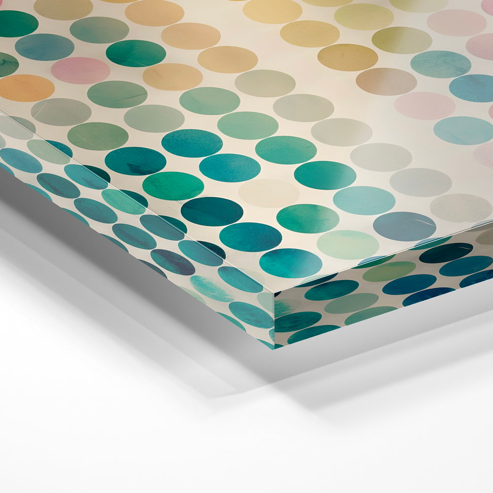 Gros plan de la matière : le tirage sous verre acrylique, tranche transparente visible.