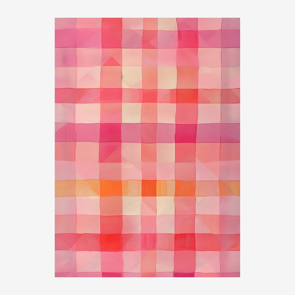 Composition abstraite géométrique présentant une grille de carrés aux dégradés de rose, corail et beige, avec une bande.
