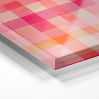 Gros plan de la matière : le tirage sous verre acrylique, tranche transparente visible.