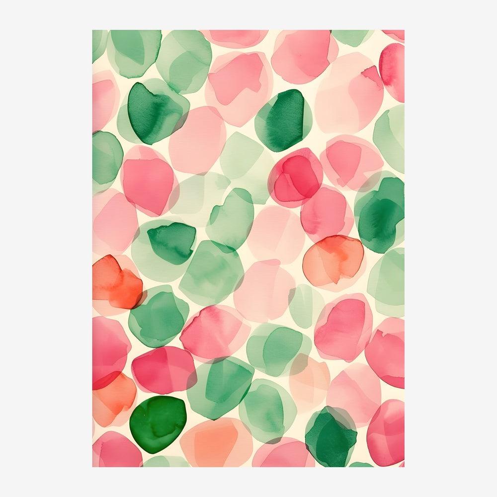 Composition abstraite de formes organiques arrondies en rose, vert et crème, peintes à l'aquarelle sur fond clair.