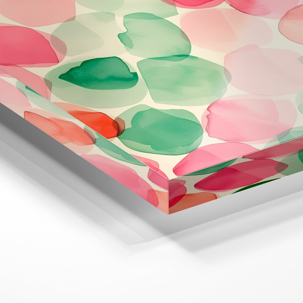 Gros plan de la matière : le tirage sous verre acrylique, tranche transparente visible.