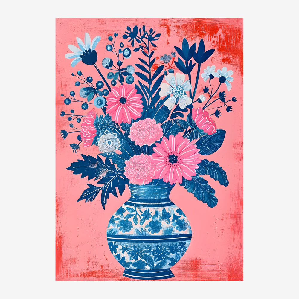 Un bouquet de fleurs stylisées aux couleurs rose, blanc et bleu marine, arrangées dans un vase bleu décoré de motifs.