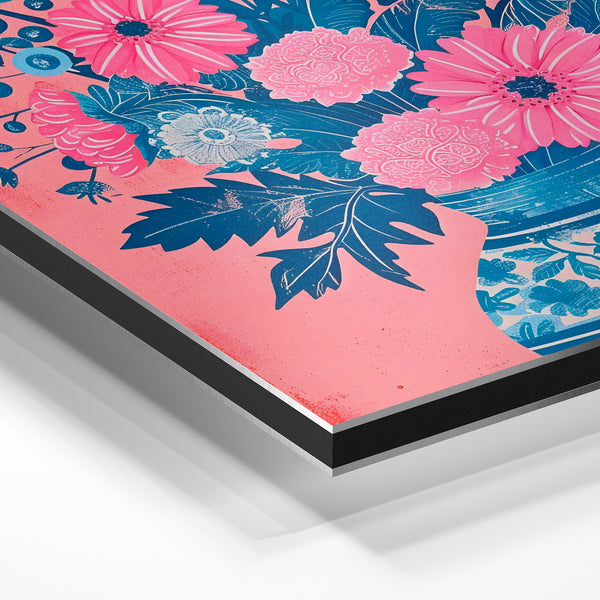 Bouquet botanique pop art, vase bleu et rose — Aluminium Dibond