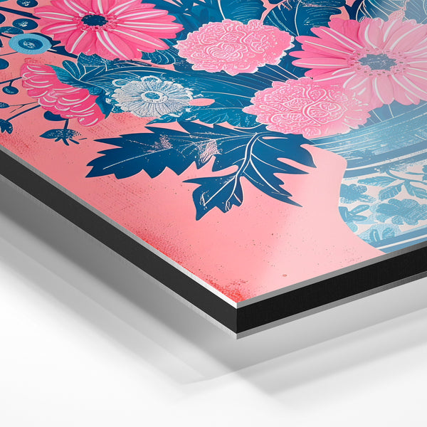 Bouquet botanique pop art, vase bleu et rose — Aluminium Dibond relief 3D