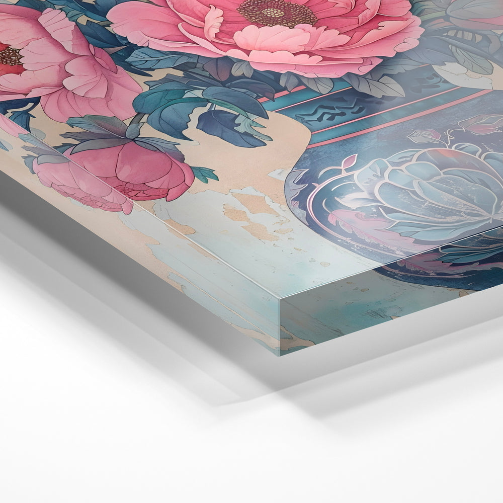 Gros plan de la matière : le tirage sous verre acrylique, tranche transparente visible.