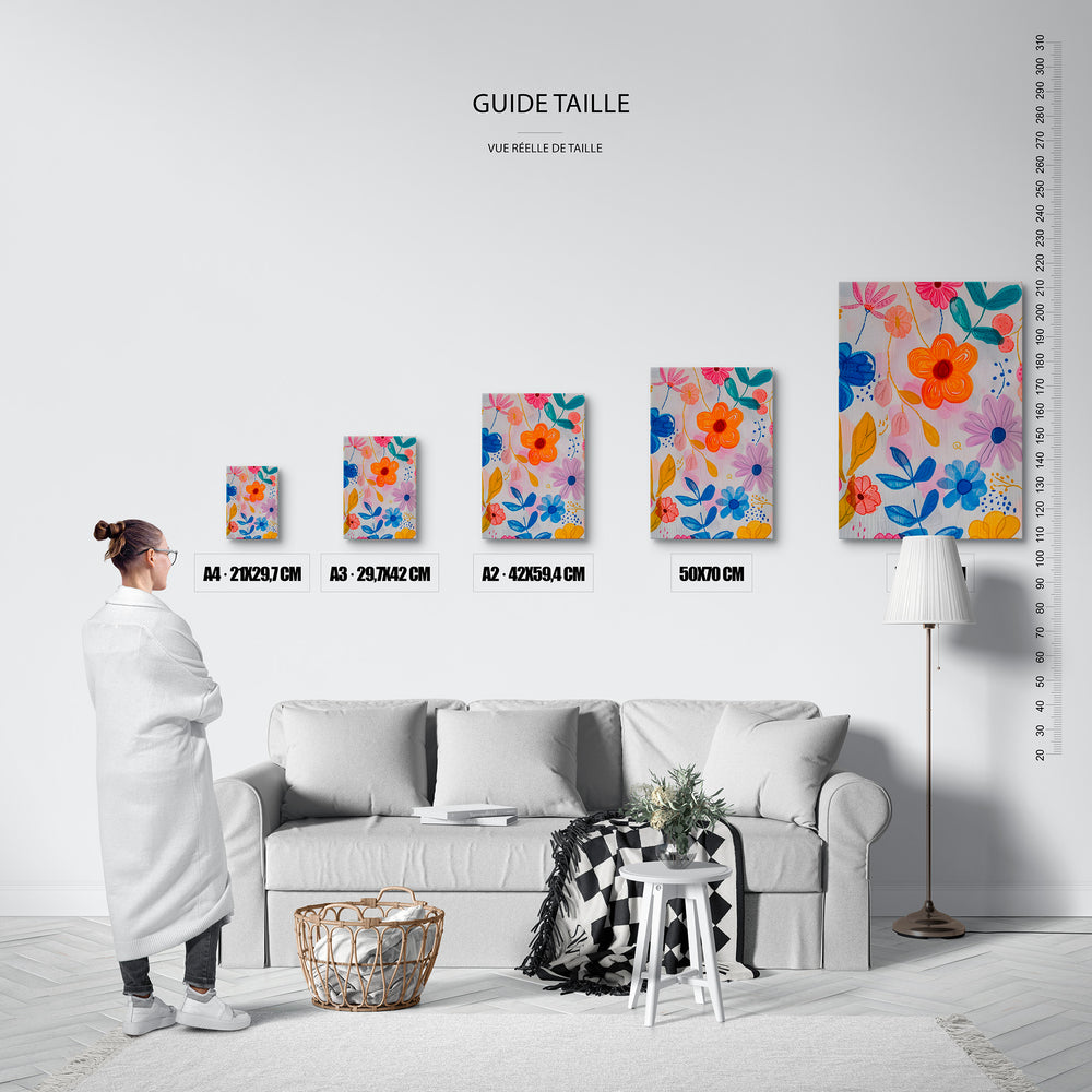 Guide des tailles : le tirage présenté dans ses 5 formats de vente, à l'échelle réelle sur un mur de salon, avec une règle en centimètres.