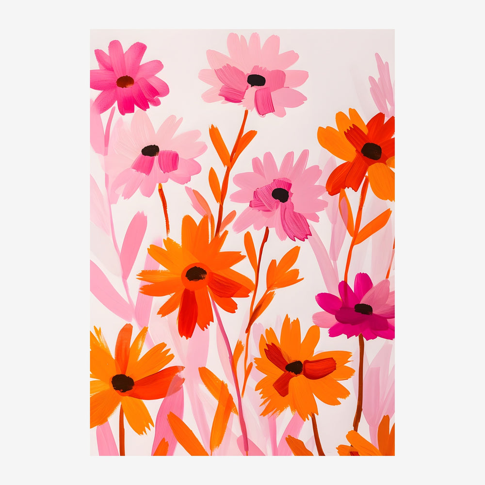 Composition de marguerites stylisées aux pétales roses, roses vif et orange vif sur fond beige clair, avec des tiges et.