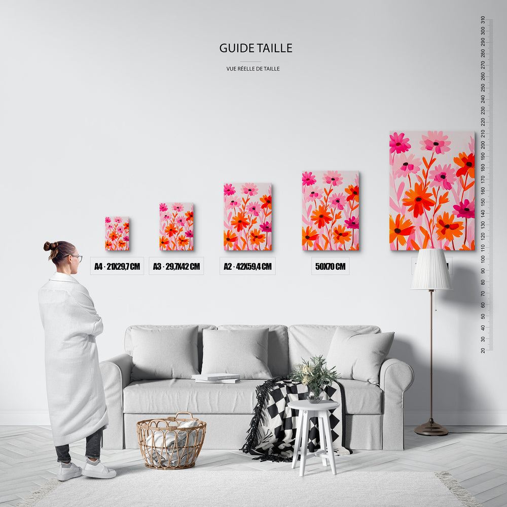 Guide des tailles : le tirage présenté dans ses 5 formats de vente, à l'échelle réelle sur un mur de salon, avec une règle en centimètres.
