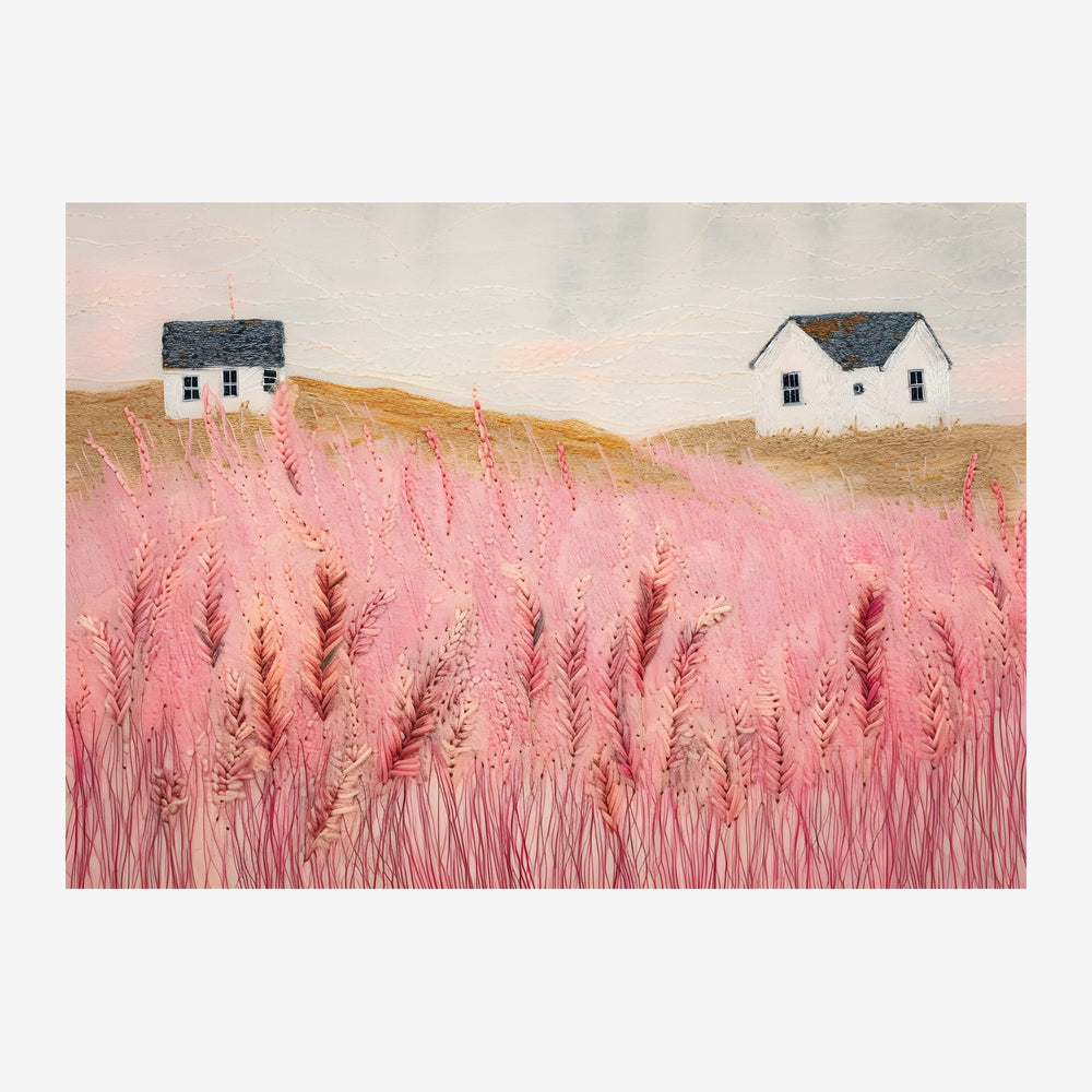 Deux petites maisons blanches aux toits gris sur une colline, entourées de champs de blé aux teintes roses et beiges, sous.