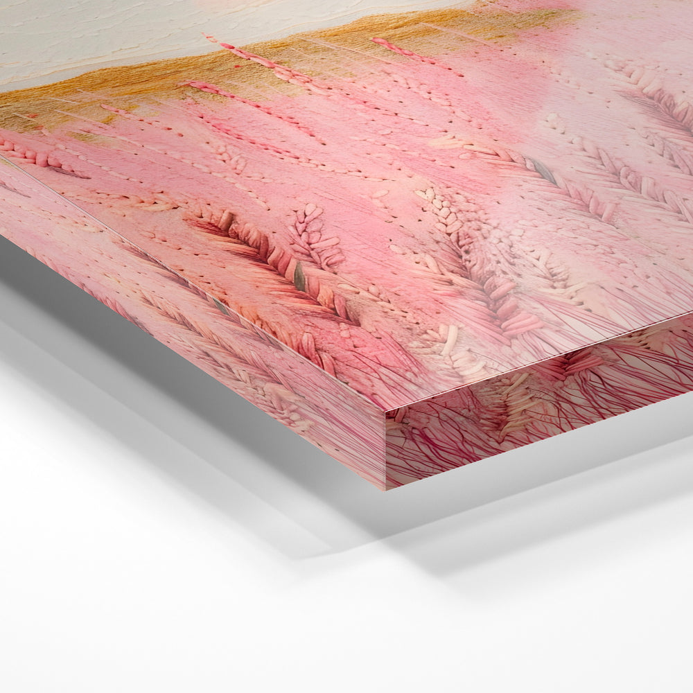Gros plan de la matière : le tirage sous verre acrylique, tranche transparente visible.