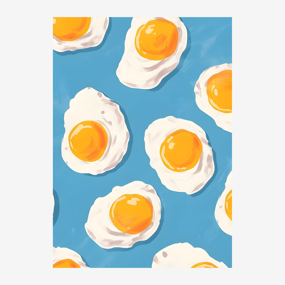 Illustration montrant des œufs au plat aux jaunes dorés et blancs crémeux disposés en motif sur un fond bleu turquoise.