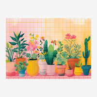 Illustration de plusieurs plantes en pot alignées sur une surface carrelée, avec un arrière-plan carrelé gradient rose et.