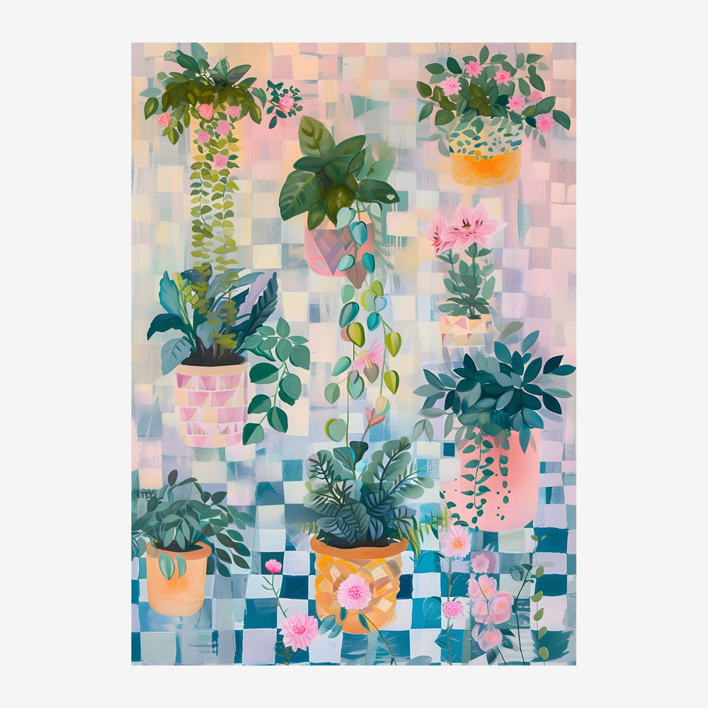 Illustration de plantes d'intérieur en pots de couleurs variées disposées sur un fond à carrelage pastel, avec des plantes.