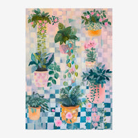 Illustration de plantes d'intérieur en pots de couleurs variées disposées sur un fond à carrelage pastel, avec des plantes.