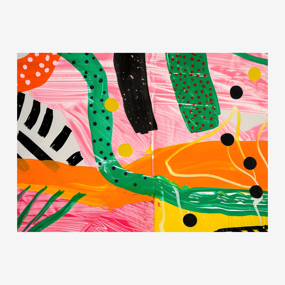 Composition abstraite colorée aux teintes rose, orange, jaune et vert vif, ornée de motifs géométriques, de points et de.