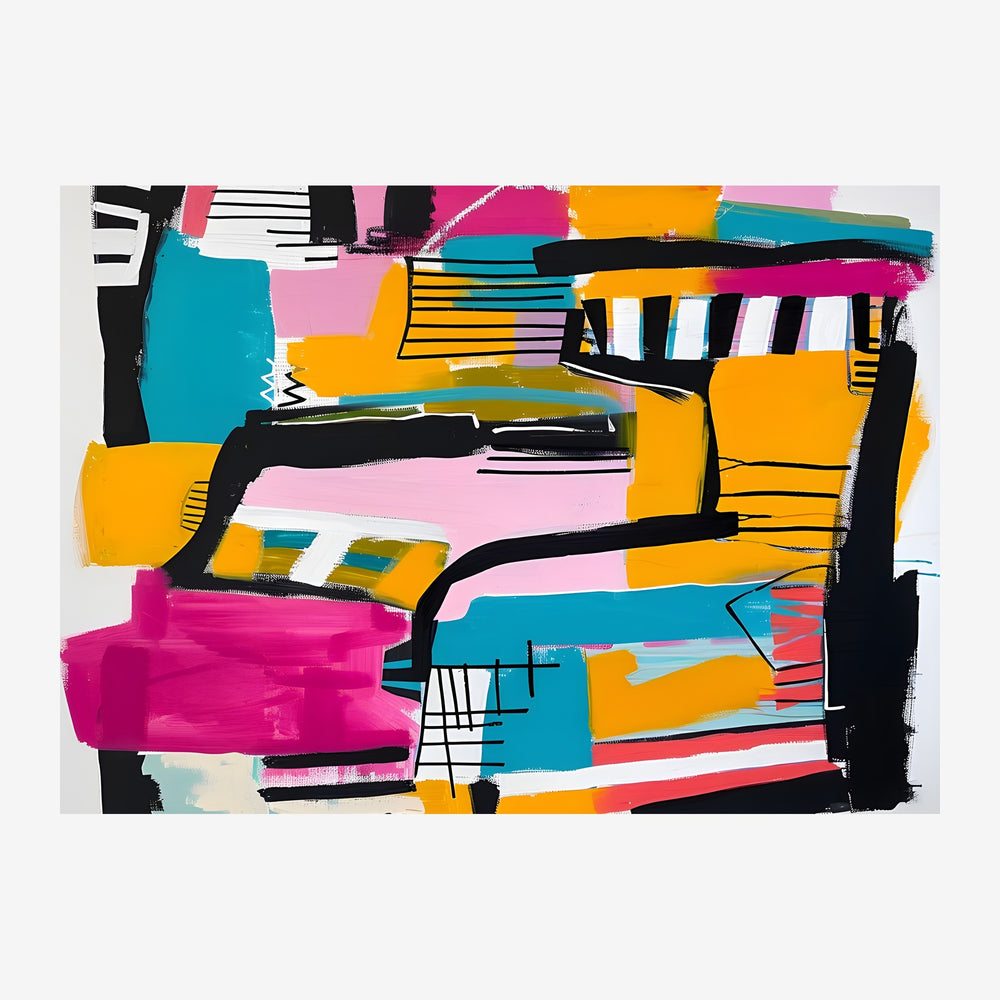 Affiche pop art abstraite avec des formes géométriques colorées en rose, jaune, bleu turquoise et noir sur fond gris clair.