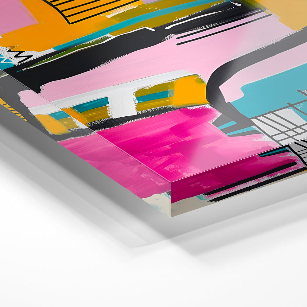 Gros plan de la matière : le tirage sous verre acrylique, tranche transparente visible.