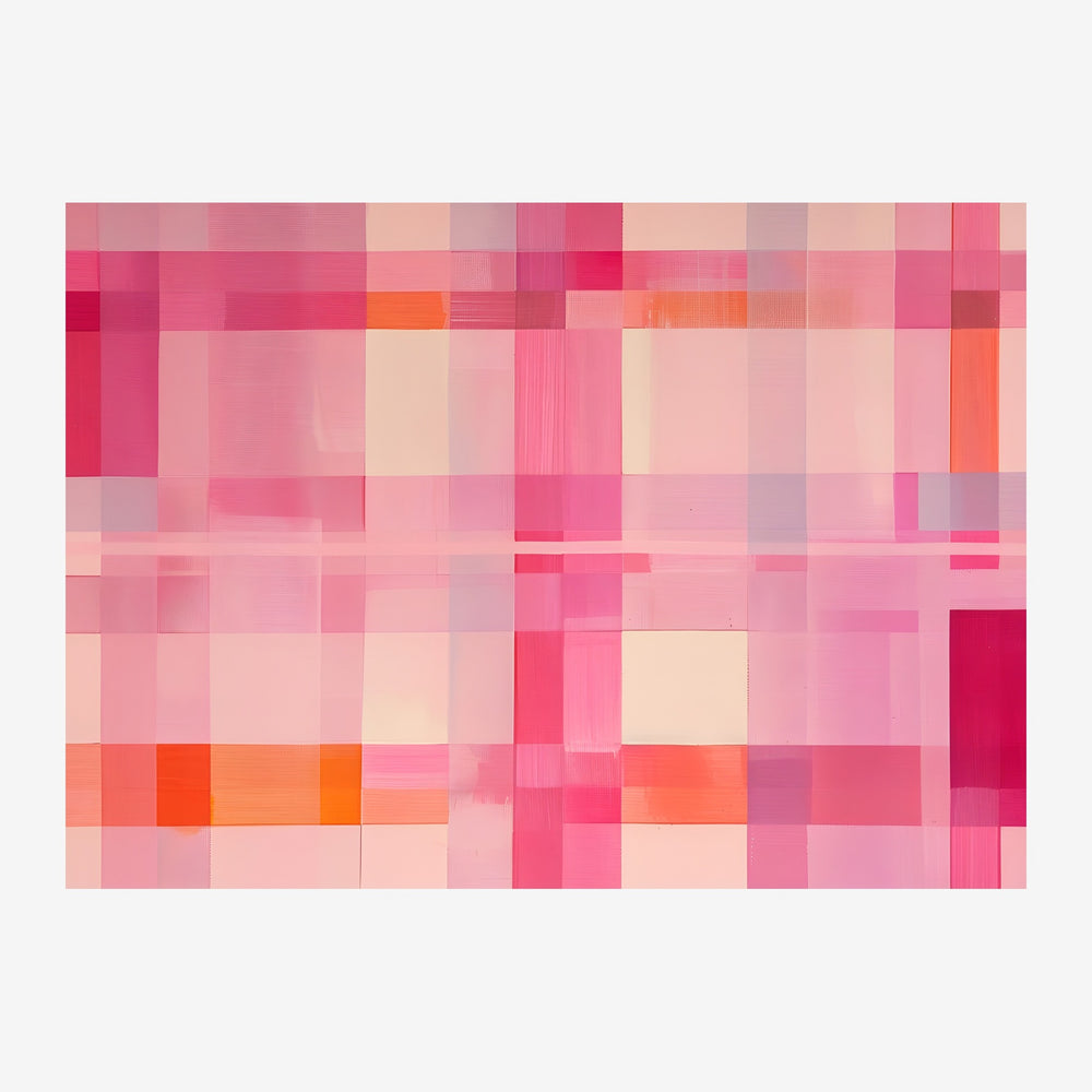 Composition abstraite géométrique composée de carrés colorés en dégradés de rose, corail, beige et crème, organisés en.