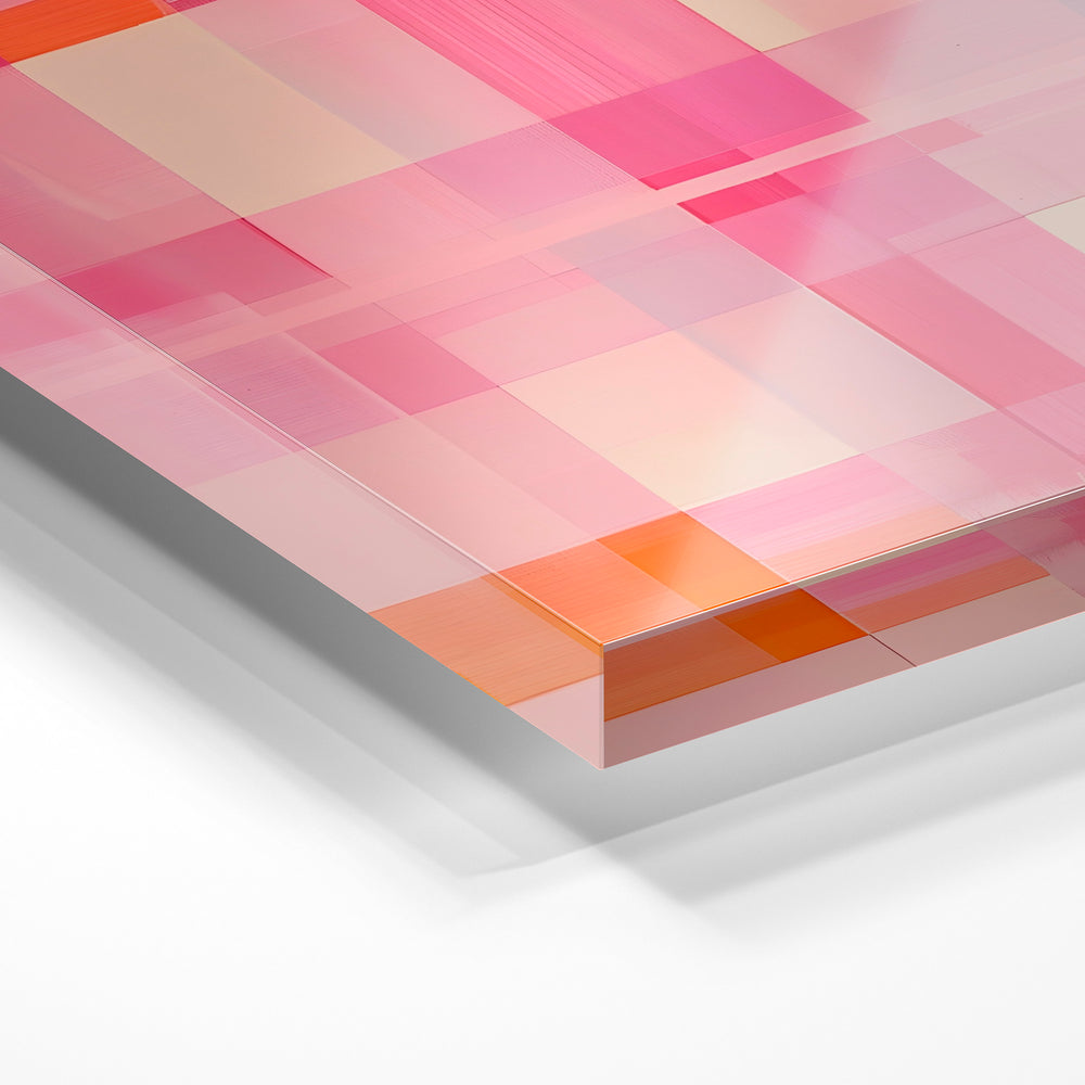 Gros plan de la matière : le tirage sous verre acrylique, tranche transparente visible.