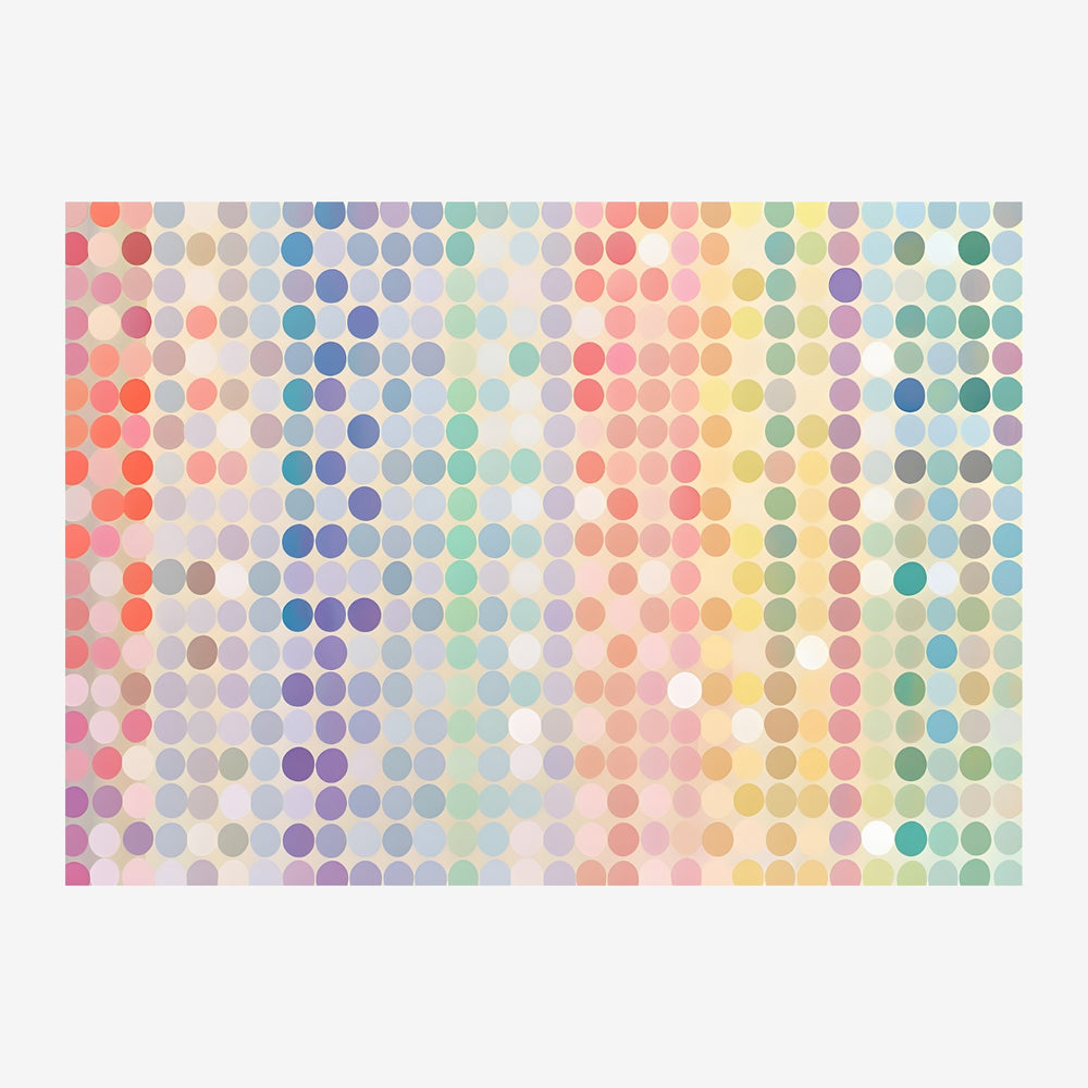 Grille régulière de centaines de petits cercles en nuances pastel — rose, bleu, vert, jaune, mauve — formant une composition.
