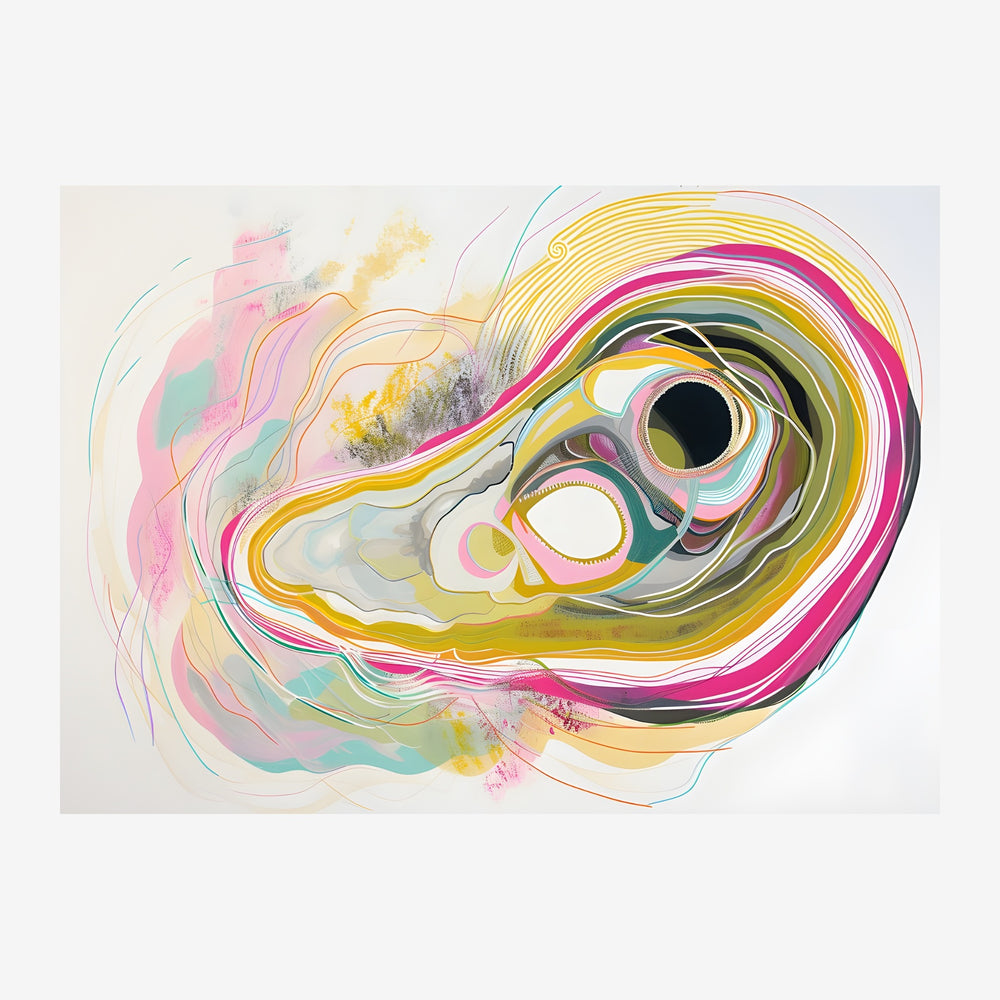 Composition abstraite avec des lignes colorées formant une forme oculaire stylisée, dominée par le rose, le jaune et le.