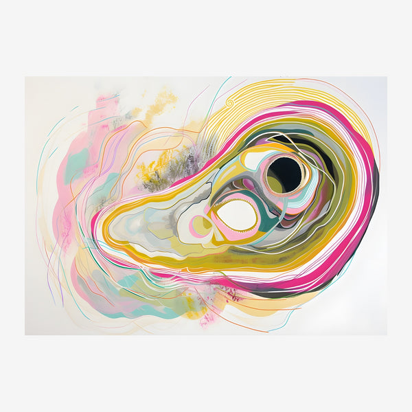 Composition abstraite avec des lignes colorées formant une forme oculaire stylisée, dominée par le rose, le jaune et le.