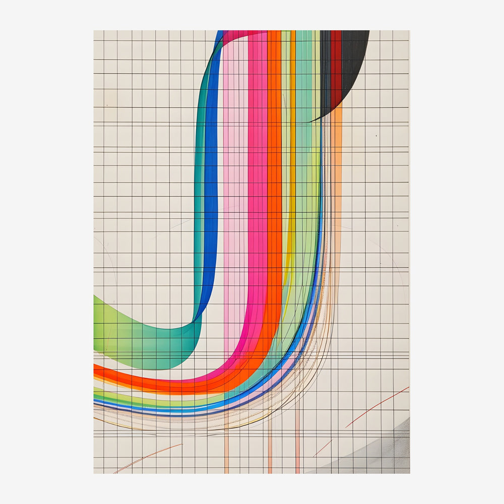 Composition abstraite géométrique avec des courbes colorées arc-en-ciel s'enroulant sur un quadrillage beige et gris.