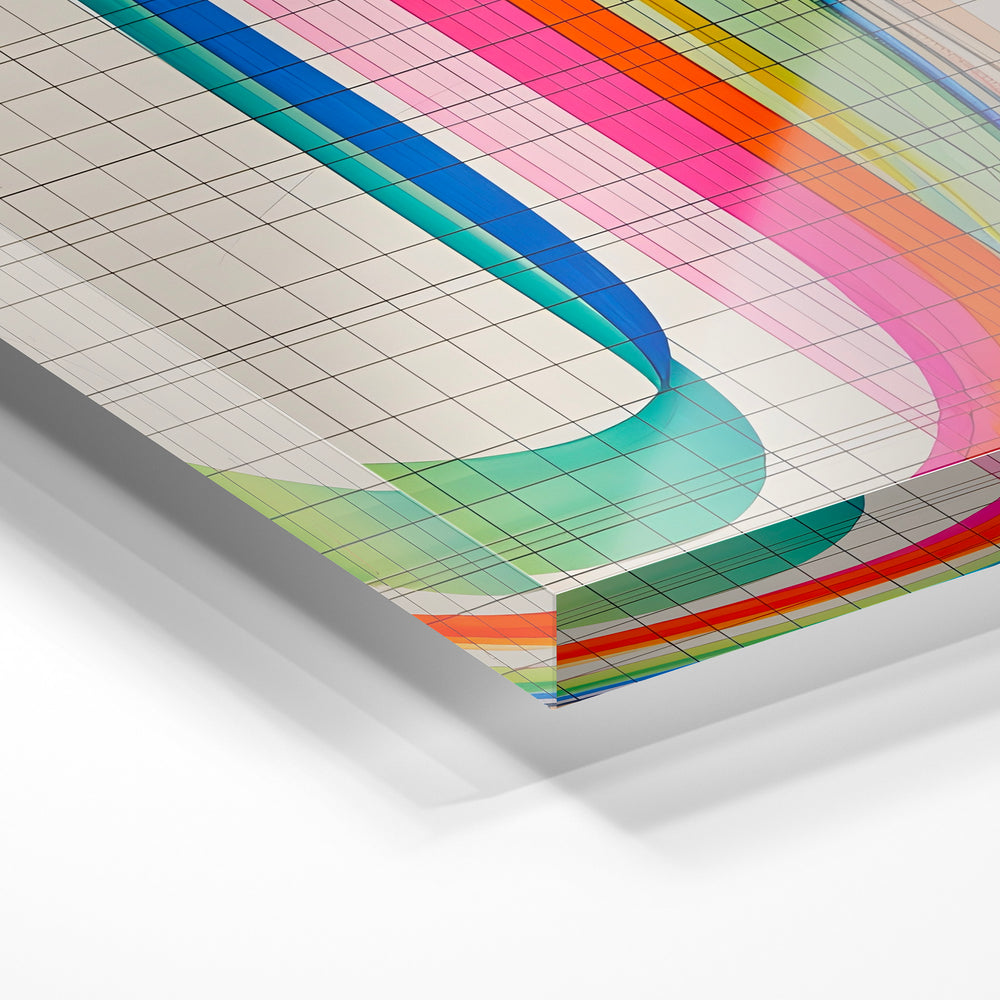 Gros plan de la matière : le tirage sous verre acrylique, tranche transparente visible.