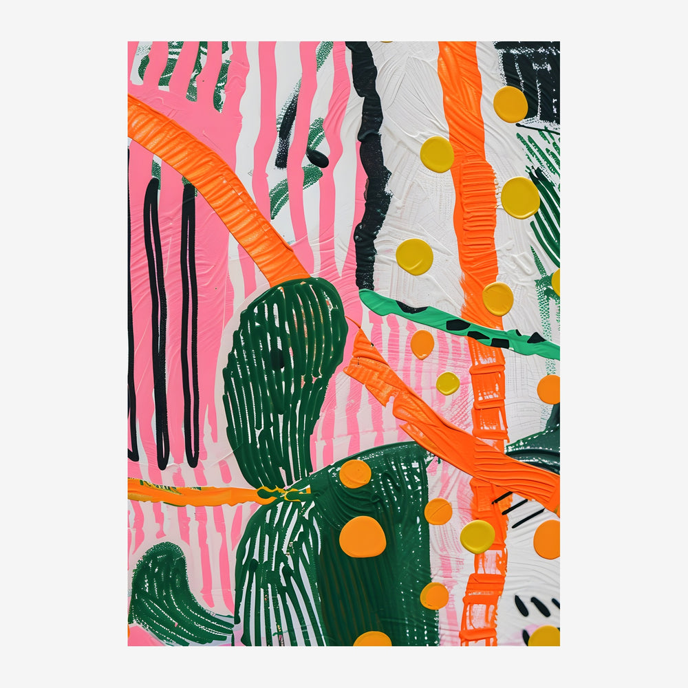 Composition abstraite géométrique avec cactus stylisés en vert foncé, fond rose rayé, traits noirs, formes orange et disques.