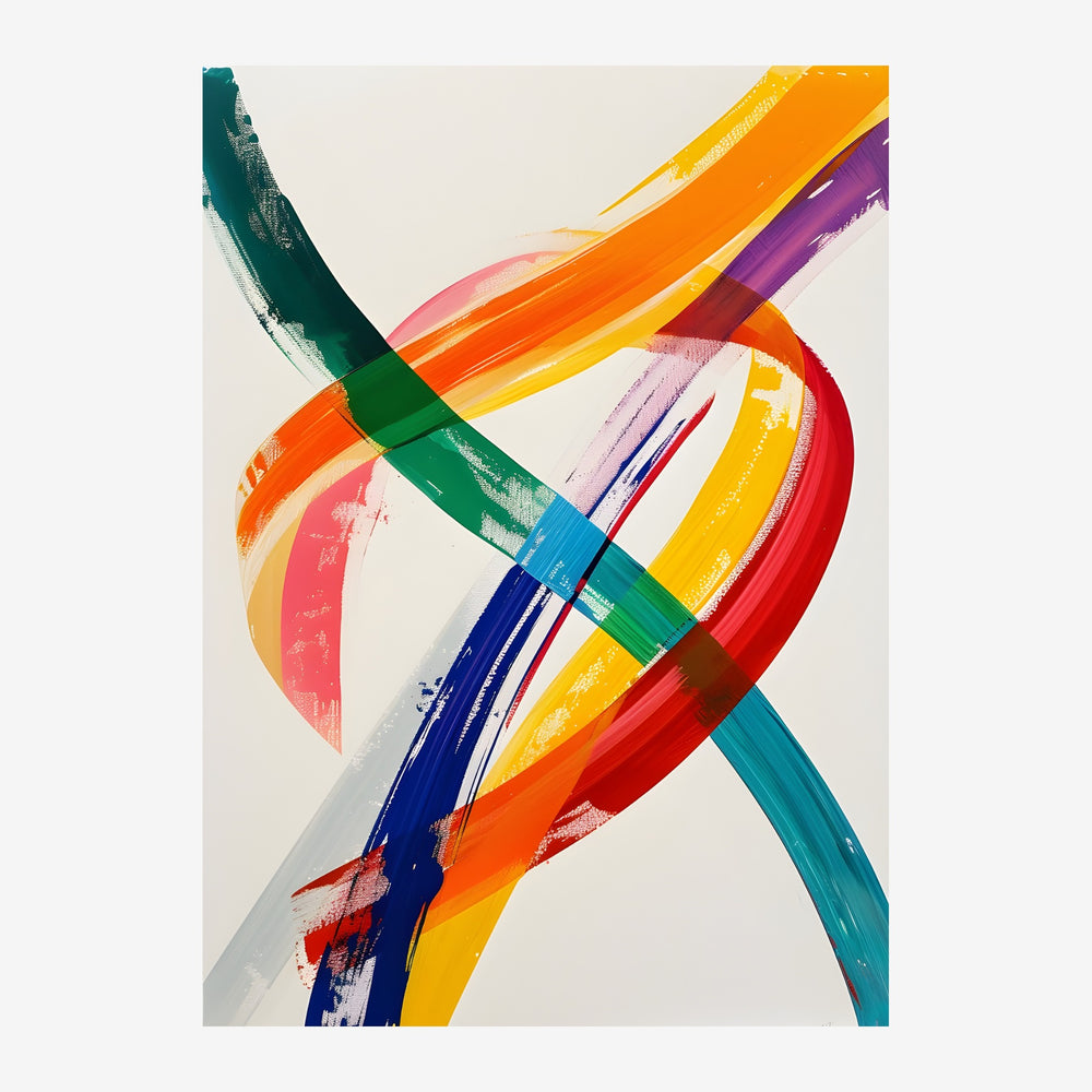Composition abstraite avec des traits et formes géométriques entrecroisés en rouge, bleu, jaune, orange, vert et violet sur.