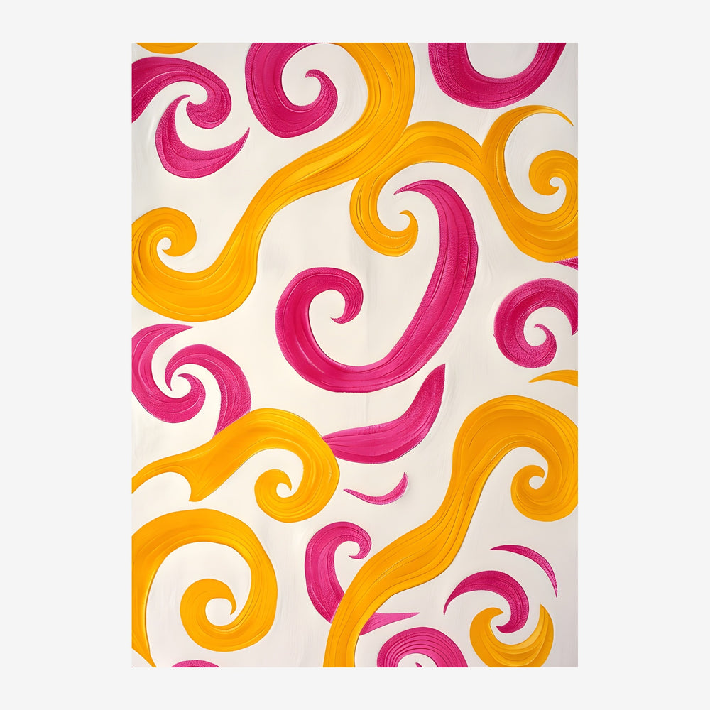Motif abstrait avec des volutes rose vif et or qui s'entrelacent sur un fond crème.