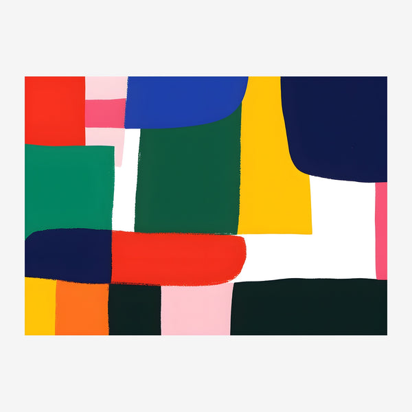 Composition abstraite avec des formes géométriques en blocs de couleurs : rouge, bleu, vert, jaune, rose, noir et blanc.