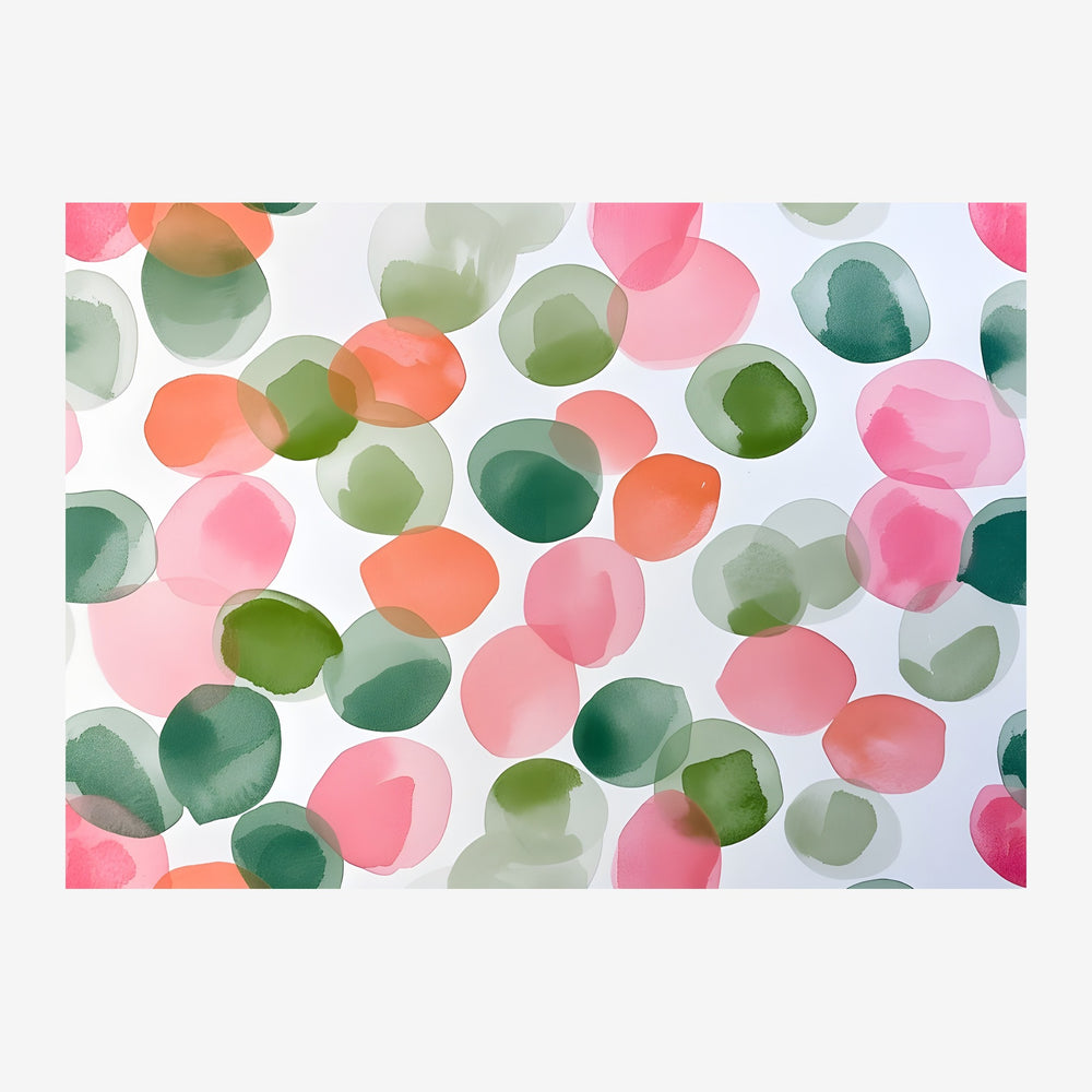 Des cercles translucides de différentes tailles en rose, vert, orange et gris-vert se superposent sur un fond blanc, créant.