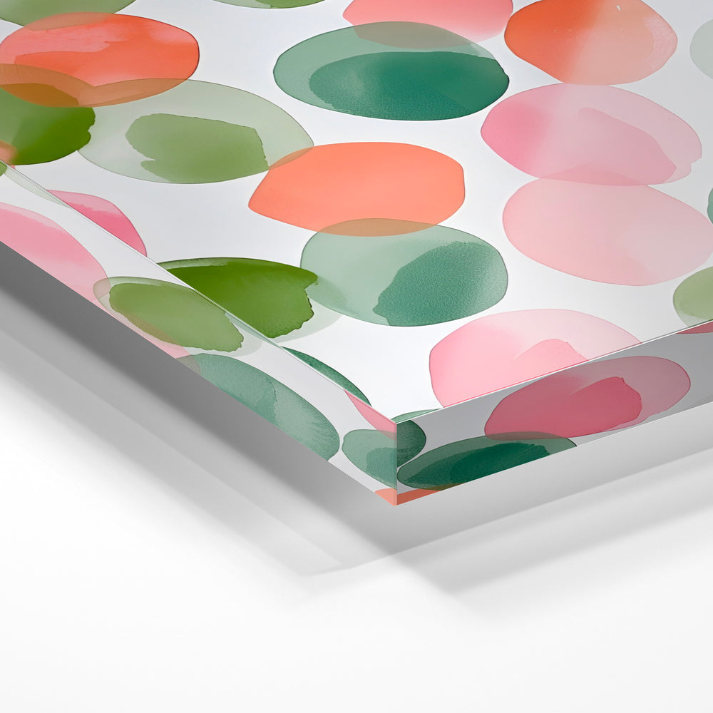 Gros plan de la matière : le tirage sous verre acrylique, tranche transparente visible.