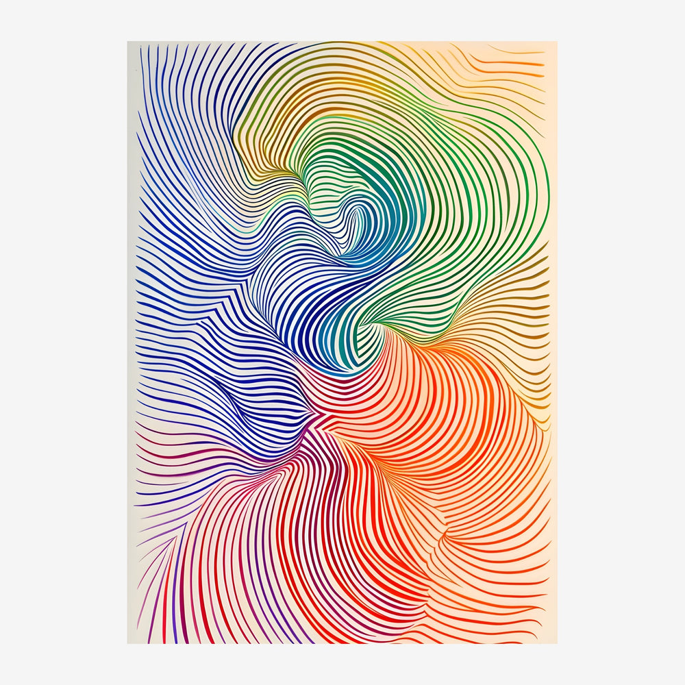 Affiche composée de lignes ondulantes qui ondulent en vagues progressives, créant un dégradé fluide du bleu et vert aux.