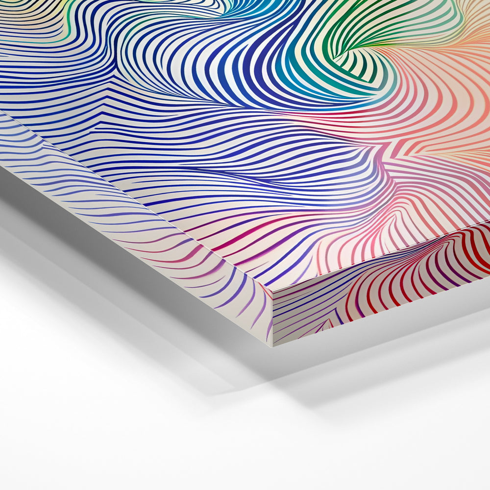 Gros plan de la matière : le tirage sous verre acrylique, tranche transparente visible.