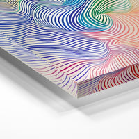 Gros plan de la matière : le tirage sous verre acrylique, tranche transparente visible.