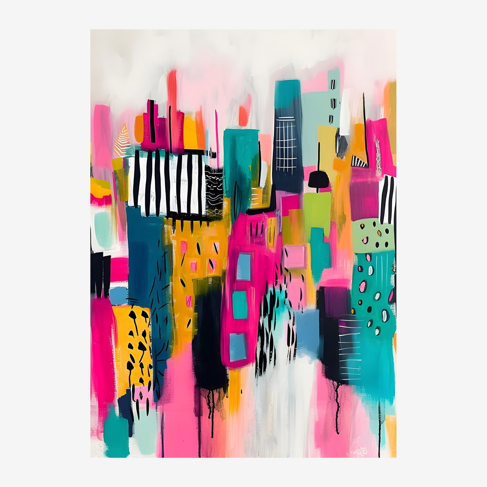 Illustration abstraite d'une skyline urbaine multicolore aux aplats rose, jaune, turquoise et noir, parsemée de traits.
