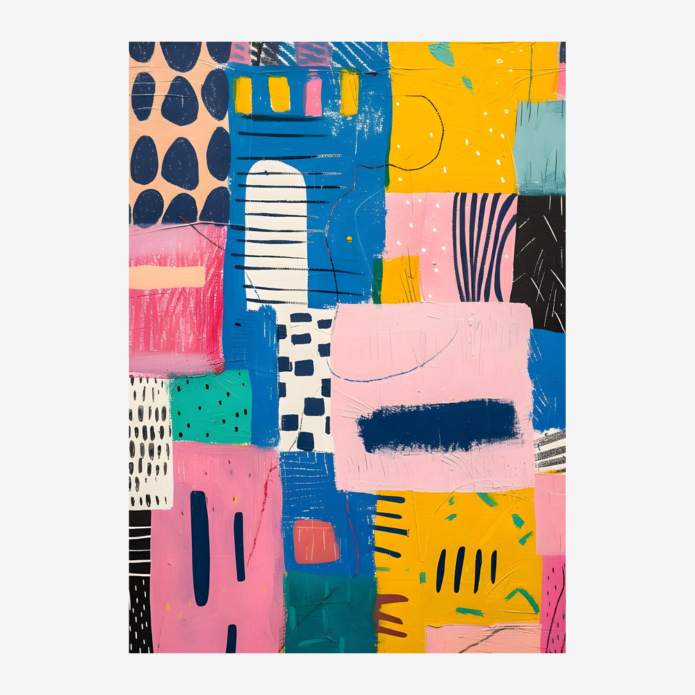 Composition abstraite géométrique avec des carrés, ovales et traits en rose, bleu, jaune, vert et noir, assemblés en.