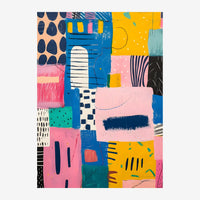 Composition abstraite géométrique avec des carrés, ovales et traits en rose, bleu, jaune, vert et noir, assemblés en.