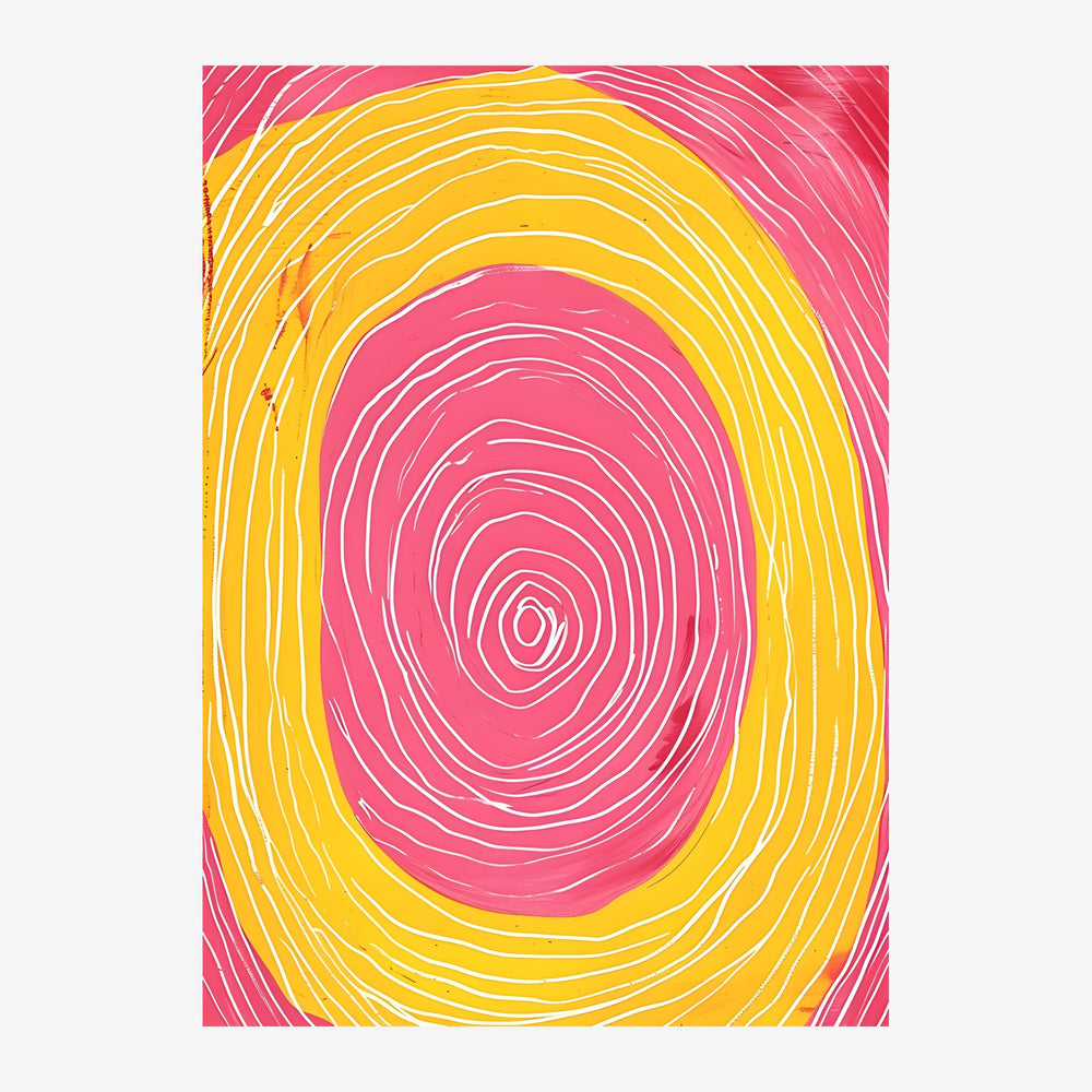 Affiche abstraite représentant des spirales concentriques en rose vif et jaune éclatant, avec des lignes blanches fines sur.